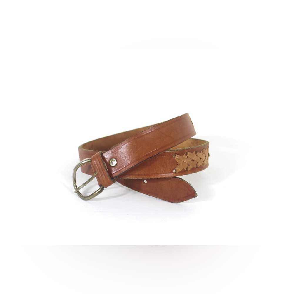 Vintage Tan Leather Belt Braided Detail, Tooled Embossed Made in Costa Rica 34